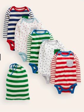 Mini Boden Red, Blue, Green and White Stripe & Star Mix Bodysuit Set